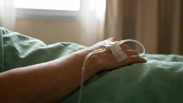 Hospital patient hand with intravenous catheter iv resting on green hospital sheet calm recovery