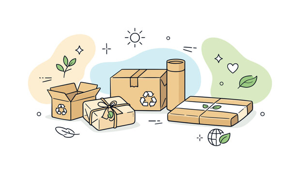 Eco Packaging Design. Eco friendly packaging. Minimal packaging made from recycled materials, simple boxes and paper wraps arranged neatly. Calm sustainable