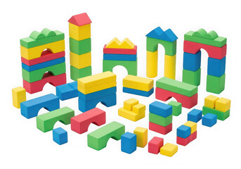 Colorful building blocks arranged in creative structures