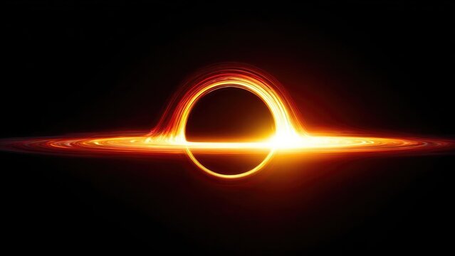 A glowing accretion disk around a black hole, with a bright orange photon ring against a dark background. Concept Black hole, Accretion disk glow, Orange photon ring, Dark background