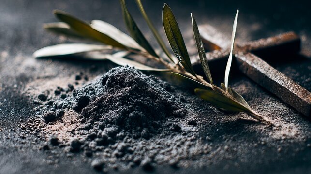 A pile of ashes with an olive branch on Ash Wednesday for Christian worship and reflection