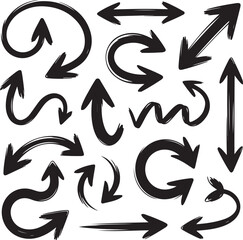 Brush, marker drawn bold arrows set. Collection of hand drawn doodle thick arrows in different directions.