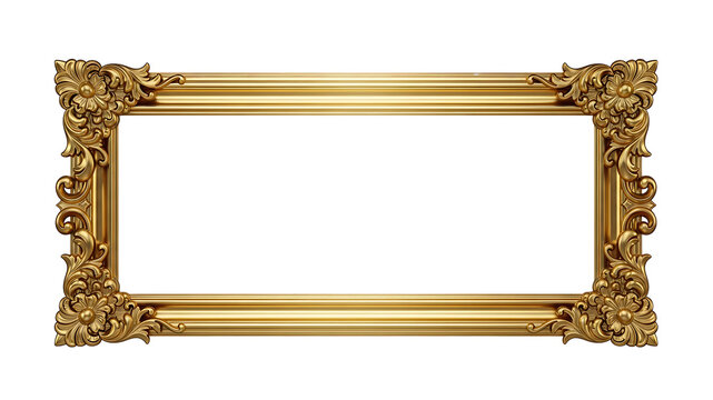 An ornate gilded rectangular frame with detailed floral embellishments on transparent background