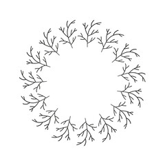 Simple round wreath with hand drawn tree twigs isolated on white background.