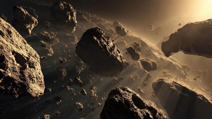 Fototapeta premium An asteroid field in space with numerous rocky bodies illuminated by sunlight. Concept Asteroid field, Sunlit rocky bodies, Interstellar debris, Space lighting and shadows, Cosmic depth