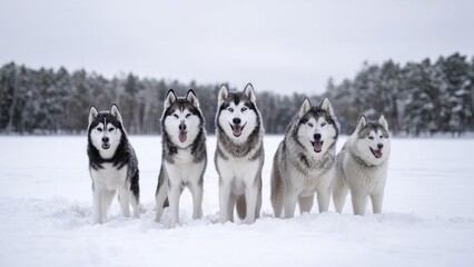 Fototapeta premium Five huskies standing in a snowy field, facing the camera with tongues out; a wintry forest in the background. Concept Five snowy huskies, tongues out, facing camera, wintry forest backdrop