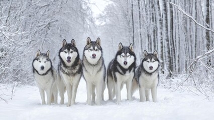 Fototapeta premium Five huskies stand in a snow-covered forest, facing the camera with fluffy coats and snow on their noses. Concept Huskies, Snowy forest, Winter portrait, Snowy noses, Fluffy coats