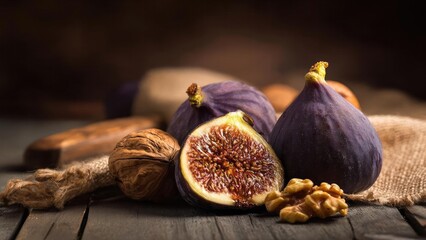Rustic still life with purple figs, one halved to reveal ruby flesh, walnuts and walnut pieces on a wooden table. Concept Rustic Still Life, Purple Figs & Walnuts, Halved Fig with Ruby Flesh