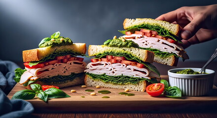 Recipe for a turkey sandwich with pesto sauce and olive oil on a wooden board.