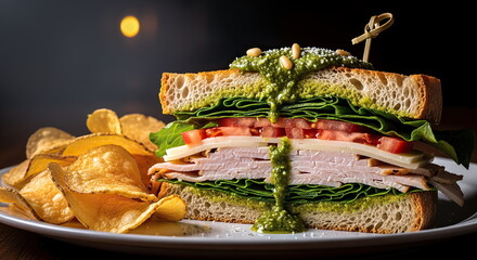 Recipe for a turkey sandwich with pesto sauce and olive oil on a wooden board.