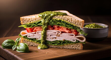 Recipe for a turkey sandwich with pesto sauce and olive oil on a wooden board.