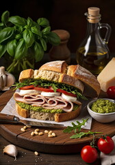 Recipe for a turkey sandwich with pesto sauce and olive oil on a wooden board.