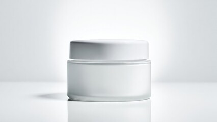 A white cosmetic jar with a matching lid resting on a glossy white reflective surface. Concept Minimalist beauty product, White cosmetic jar, Glossy white reflective surface