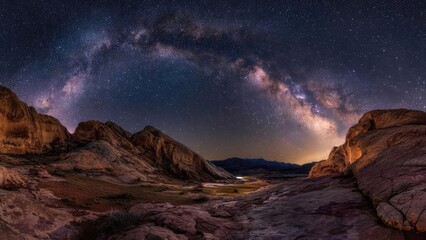 Fototapeta premium Milky Way arching across a star-filled night sky over a rugged desert valley with distant mountains. Concept Milky Way over rugged desert valley, Star-filled night sky photography