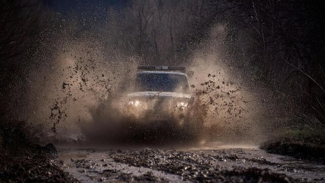 Off-road SUV blasts through a muddy puddle, spraying mud in a wide arc as headlights pierce the dark forest road. Concept Off-road Adventure, Mud Splash, Night Drive, Forest Road Lights, SUV Action