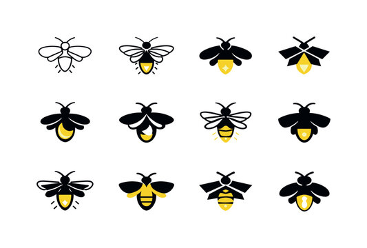 Firefly Logo Collection. Fireflies. Icon set. Set Logo of fireflies: summer night firefly. harmonious logo variations of the same emblematic concept, each with