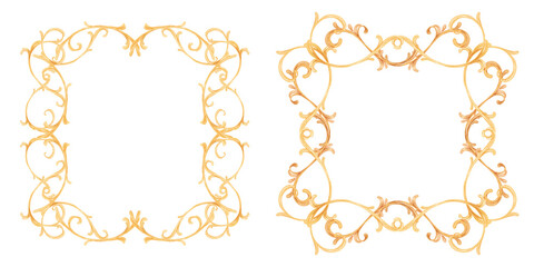 Watercolor baroque elements, frames. Elements for decor, the Middle Ages. Antiquity. Golden luxurious frames. Watercolor baroque border, Vintage Gold frame, Vintage Victorian frame. Wedding decor.