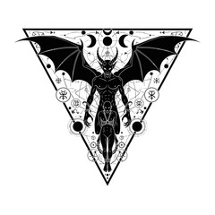 Illustration of mystical female bat creature in triangle with astrology symbols.