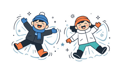 Fototapeta premium Winter Snow Angels Fun. Kids making snow angels winter play. Kids laughing and waving while lying in the snow. Pure excitement and spontaneous seasonal