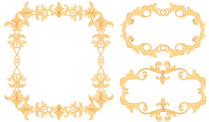 Obraz premium Watercolor baroque elements, frames. Elements for decor, the Middle Ages. Antiquity. Golden luxurious frames. Watercolor baroque border, Vintage Gold frame, Vintage Victorian frame. Wedding decor.