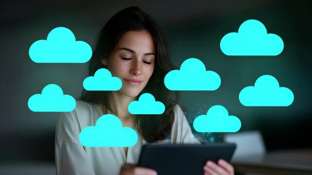 a young woman making online payments on a digital tablet while holographic interface icons float around her, representing digital marketing