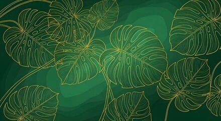 Elegant gold line art monstera leaves pattern on deep green gradient background