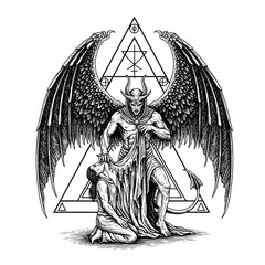 Illustration of a kneeling human with a horned demon.