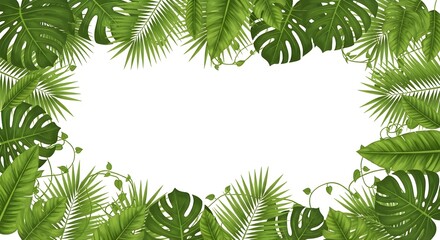 Lush tropical foliage border frame with monstera and palm leaves