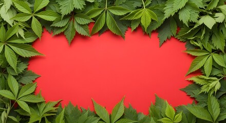 Frame of fresh green ivy leaves border on bright red background for copy space