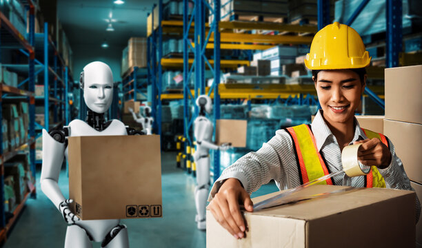 Innovative industry robot working in warehouse together with human worker . Concept of artificial intelligence for industrial revolution and automation manufacturing process .