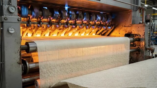 Medium shot of gasfired thermal oven heating tire fabrics showcasing glowing burners and fabric feed for cord tension fixation in industrial manufacturing.