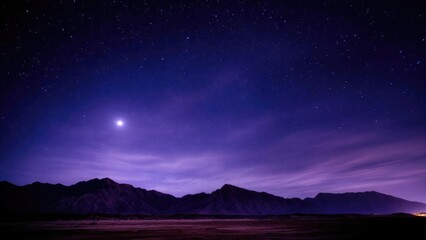 Fototapeta premium Star-filled night sky above a dark mountain range, with a purple glow and a bright planet visible. Concept Starry Night Sky, Purple Glow, Mountain Silhouette, Bright Planet, Night Sky Photography