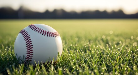 Closeup of a dewy baseball resting on lush green grass at sunrise or sunset on a field