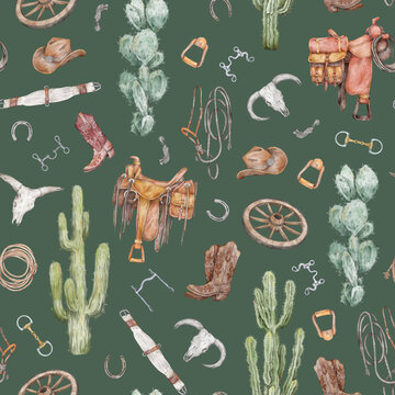 Western style seamless pattern. Hand drawn colorful pattern with cowboy saddle, horse shoe, western bit, western bridle, cowboy boot and hat, lasso, spur, wheel and bull scull on green background