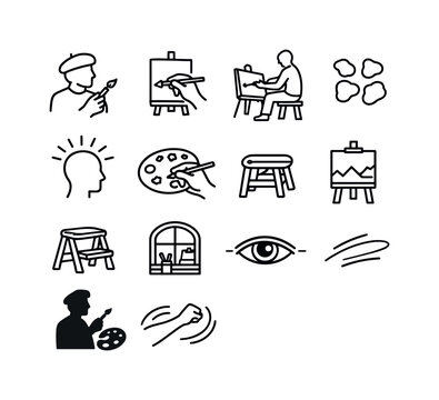 Artist Icon Set. Artist at Work. Line icon set of Artist at Work: painter with brush, hand on easel, seated artist, paint dabs, concentration icon, hand