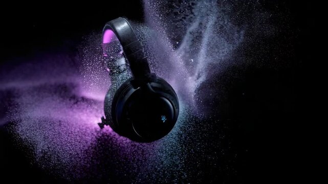 headphones, colorful powder, powder explosion, music concept, audio concept, sound, listening to music, neon colors, vibrant background, music technology, stereo headphones, dj concept, entertainment