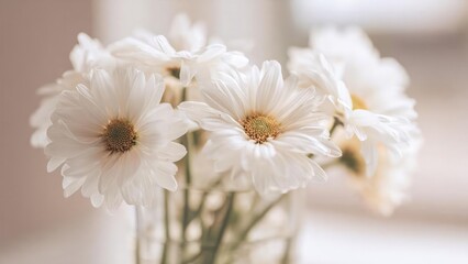 Fototapeta premium A bouquet of white daisies with yellow centers in a clear glass vase, against a soft, blurred background. Concept Daisy Bouquet, White Flowers, Yellow Centers, Glass Vase, Soft Focus Background