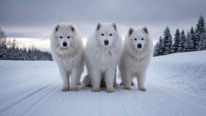 Fototapeta premium Three fluffy white dogs stand on a snow-covered road, facing the camera with a frosty forest backdrop. Concept Fluffy white dogs, Snowy road, Winter portrait, Frosty forest backdrop