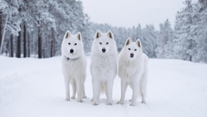 Fototapeta premium Three white fluffy dogs standing in a snow-covered forest. Concept Three white fluffy dogs, Snow-covered forest, Winter outdoor portrait, Playful canine trio, Serene woodland atmosphere