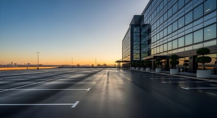 Modern office building exterior with empty parking lot at sunset or sunrise