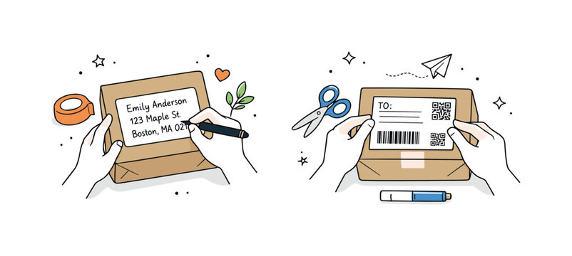 Gift Parcel Labeling. Sending gifts by mail labeling. Person writing an address or attaching a shipping label to a parcel. Attention to detail and personal