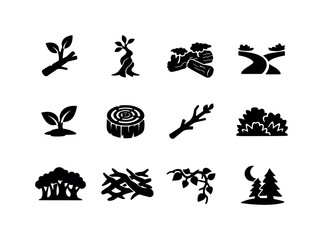 Obraz premium Forest Growth Icons. Forest growth. Solid icon set of Forest growth: new branch, twisted sapling, overgrown wood, branching path, leaf sprout, bark ring,