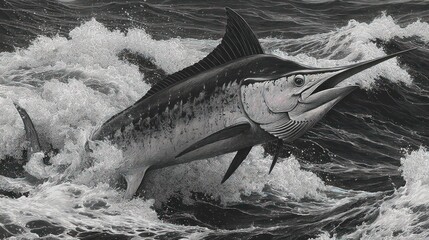 Fototapeta premium Striking marlin leaping from ocean waves in monochrome illustration
