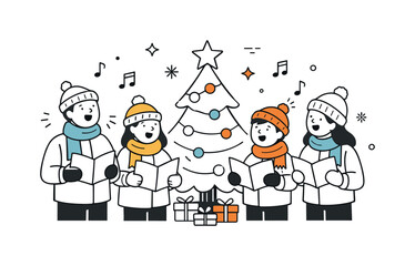 Naklejka premium Cozy Carol Singers. Singing Christmas carols outdoors. People singing near a simple Christmas tree with scarves and winter hats. Cozy winter mood and friendly
