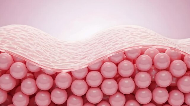Microscopic view of healthy skin layers with collagen spheres and cellular structure for beauty 4K Ai HD high quality video.