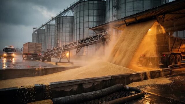 Medium shot of trucks unloading dried corn into towering silos at an industrial receiving station dust swirling in the air under rainy evening skies. Industrial conveyors