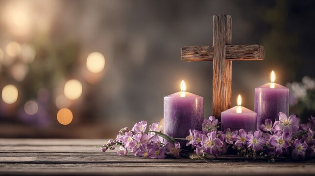 A serene Christian worship setting with candles, flowers, and a cross for Lent or Holy Week