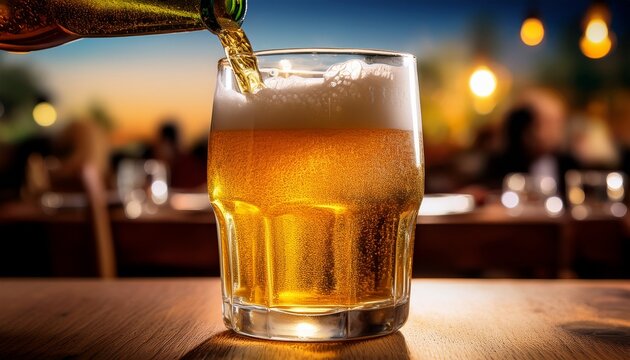 Servir Um Copo De Cerveja Despejando A Bebida Com Cuidado Na Mesa De Um Restaurante