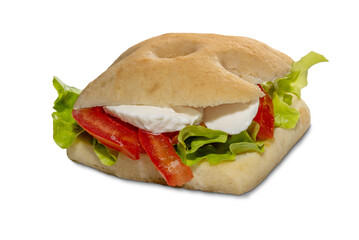 Sandwich made with focaccia bread filled with tomato, mozzarella and lettuce, isolated on white with clipping path included