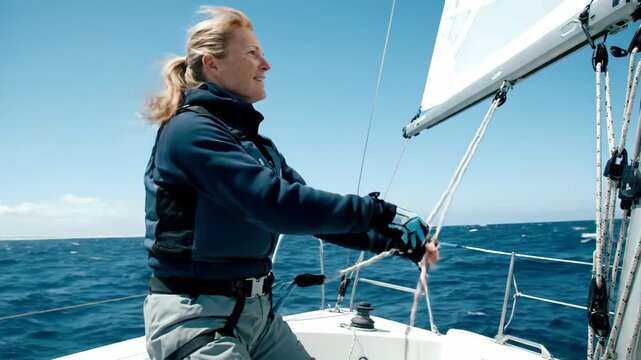 Woman sailor pulling a rope on a sailboat at sea. Female skipper adjusting sails on a yacht during a sunny day